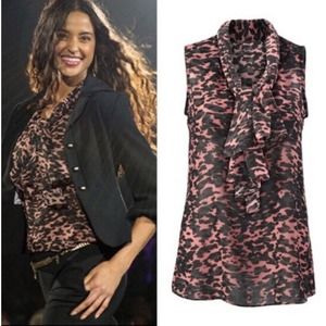 CABI #3075 9 To 5 Blouse •S• Tie Neck Animal Print Sleeveless Top Camo Shirt